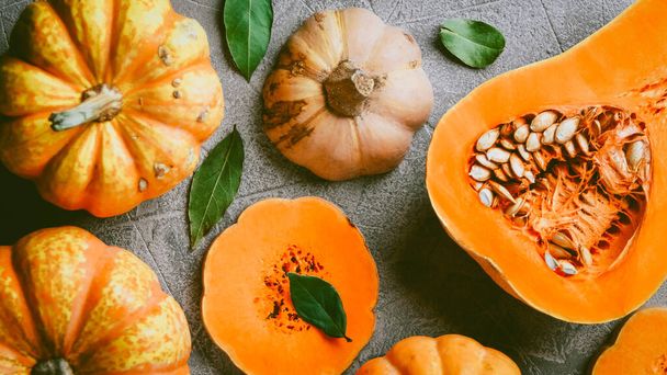 Pumpkin soup, On a gray background with pumpkins, Autumn atmosphere, Top view, Selective focus  - Fotó, kép