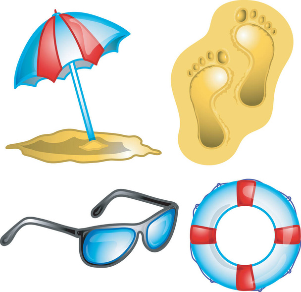 illustrations of sunglasses, life preserver,umbrella, and footprints beach icons - Vector, Imagen
