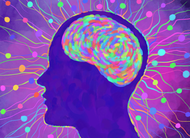 Ilustracja ludzkiego profilu. Mózg, aktywność umysłowa, aktywność umysłowa. Nerwy mózgowe. - Zdjęcie, obraz
