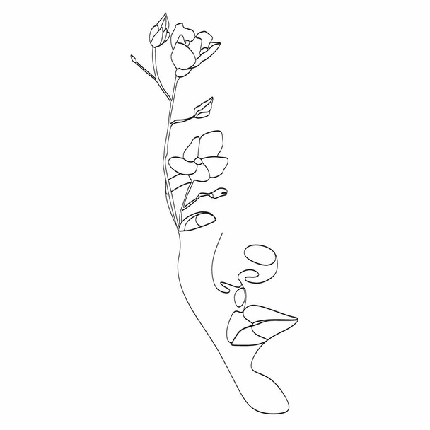 Abstract face with flowers, line drawing. Portrait minimalistic style. Botanical print. Nature symbol of cosmetics. Modern continuous line art. Fashion print. Beaty salon art - Вектор, зображення