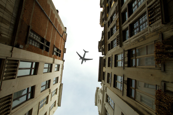 plane over the city of Brussels tilt - shift  - Photo, Image