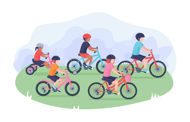 Lapos gyermekek csoportja kerékpározás a parkban. - Vektor, kép