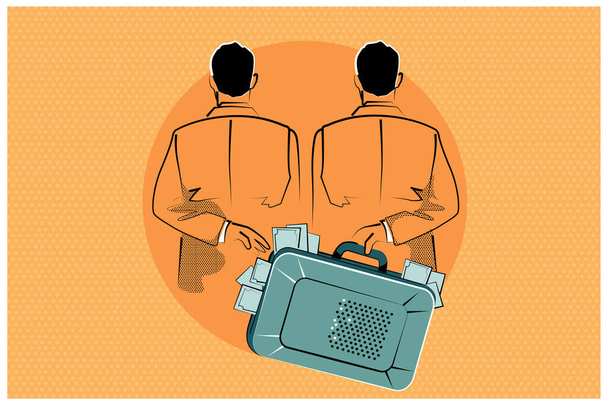 Vector Cartoon illustratie, concept van corruptie, twee mannen achter hun rug om overhandigen geld, omkopen in koffer. - Vector, afbeelding