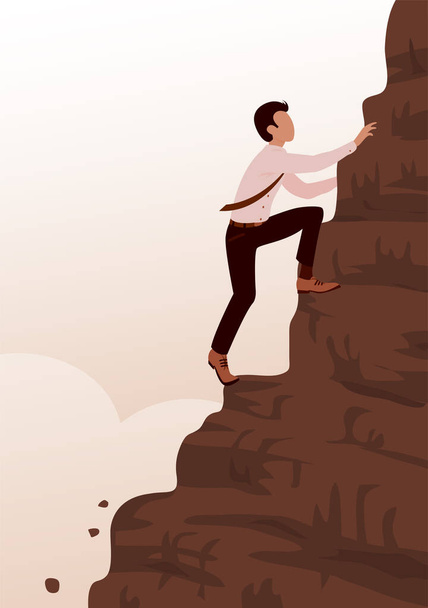 Ένας νεαρός γενναίος επιχειρηματίας σκαρφαλώνει σε ένα απότομο βουνό. Καριέρα και προσπάθεια έννοια. Εικονογράφηση διανυσμάτων - Διάνυσμα, εικόνα