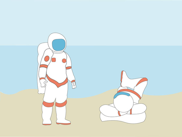 Zwei lustige Astronauten am Strand. Ein Astronaut in Raumanzug und Helm steht am Strand und betrachtet den Astronauten, der im Sand liegt und sich in der Sonne sonnt. - Vektor, Bild
