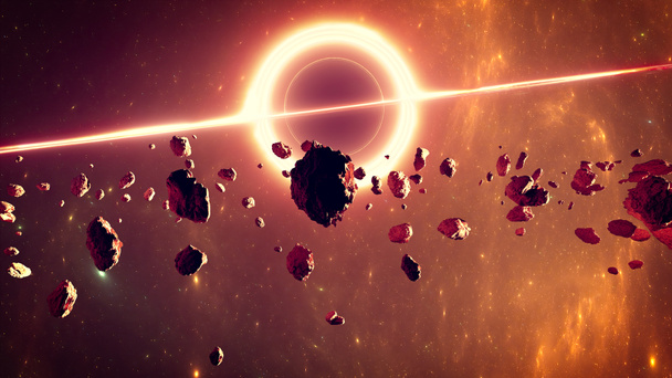 Supermassiivinen musta aukko, se on luokka tähtitieteellisiä esineitä, jotka ovat käyneet läpi gravitaatiovakiolla romahdus. Tapahtumahorisontti. Asteroidi ja roskat avaruudessa. Asteroidi soi ympäri planeettaa. 3d renderointi - Valokuva, kuva