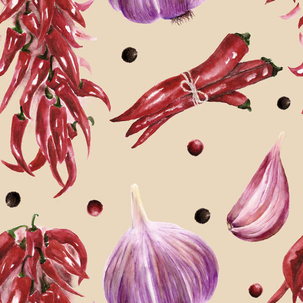 Seamless pattern with chilly peppers and garlic - Zdjęcie, obraz