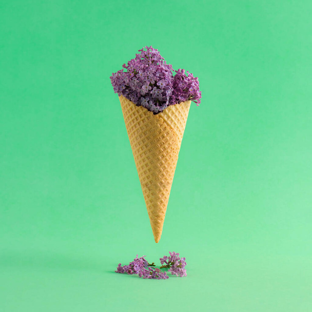 Cono de helado natural con flores de primavera púrpura sobre fondo verde pastel. Composición mínima de verano plano laico. - Foto, imagen
