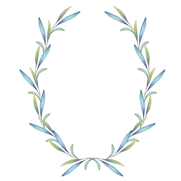 Borde ovalado de hojas verdes y azules para bodas, estampados y telarañas. Ilustración en acuarela - Foto, Imagen