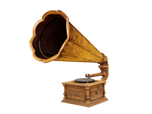 3D renderowanie vintage drewniany gramofon na białym tle - Zdjęcie, obraz