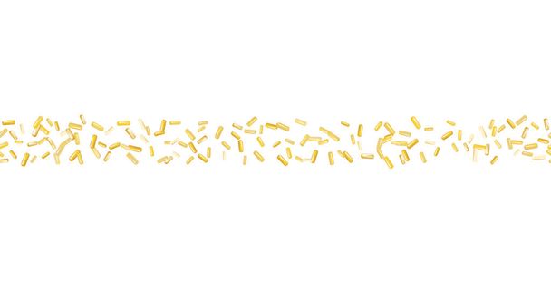 Посыпать зерном десертов. Абстрактный рисунок с реалистичными золотыми сладостями на белом фоне. Дизайн праздничного оформления, вечеринки, дня рождения, приглашения. Векторное трехмерное сладкое конфетти - Вектор,изображение
