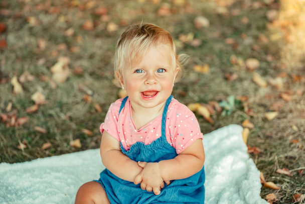 Smiling Caucasian happy baby girl sitting on blanket on ground outdoors in autumn fall park. Funny cute adorable kid child toddler playing in park. Blonde baby with blue eyes having fun outside - 写真・画像