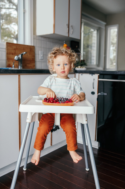 Alimentos orgânicos saudáveis para bebés. Menino branco comendo frutas vermelhas maduras em casa. Criança engraçada sentada cadeira alta com bagas maduras frescas na cozinha. Comida suplementar de dedo saudável para criança. - Foto, Imagem