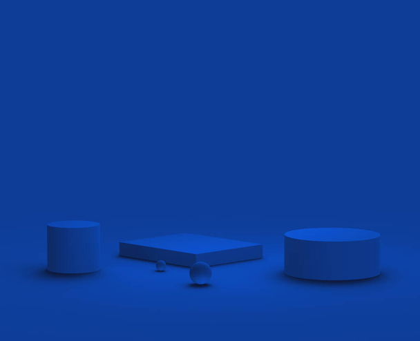 3d pódio azul moderno design mínimo no fundo do estúdio. Abstrato 3d forma geométrica objeto ilustração render. Exibição de produto de Valentim. - Foto, Imagem