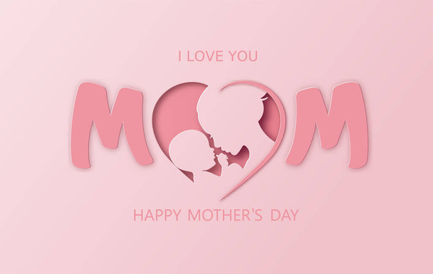 Happy Mother's day greeting card with mom and baby.paper cut , paper collage style with digital craft . - Vektör, Görsel