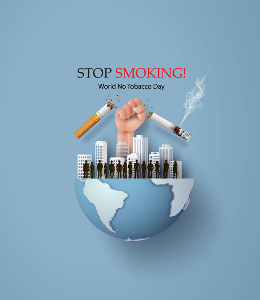  Tupakointi ja World No Tobacco Day monet ihmiset ja käsi anti savuke kaupungissa, paperi kollaasi tyyli digitaalinen veneet  - Vektori, kuva