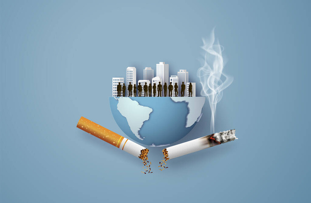  No smoking and World No Tobacco Day with many people  in city,paper collage style with digital craft . - Vector, Image