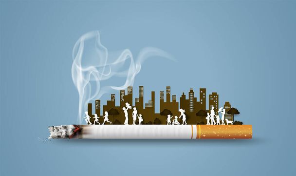  Απαγορεύεται το κάπνισμα και Παγκόσμια Ημέρα κατά του Καπνίσματος με πολλούς ανθρώπους στην πόλη, χαρτί κολάζ στυλ με ψηφιακή τέχνη . - Διάνυσμα, εικόνα