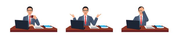 The man holds the cup filled with coffee, asks, work error. vector illustration in front of laptop screen. on the table were books and files. white background in a set - Vector, Image
