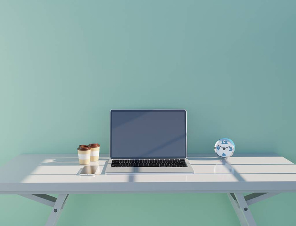 Стол и ноутбук в офисе Сцена 3D рендеринга технологии обои фоны - Фото, изображение