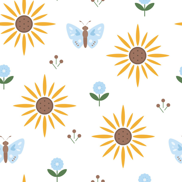 Seamless pattern with butterflies and boho sunflowers.  Creative nature texture for fabric, wrapping, textile, wallpaper, apparel. - ベクター画像
