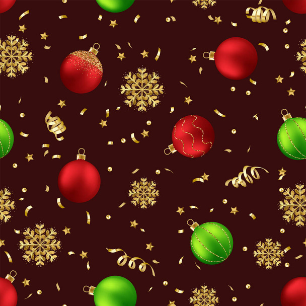 Christmas seamless pattern with decorative elements, shiny balls and confetti. Texture for wallpapers, stationery, fabric, wrap, web page backgrounds, vector illustration - Вектор,изображение
