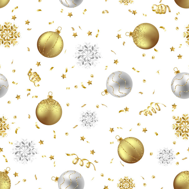 Christmas seamless pattern with decorative elements, shiny balls and confetti. Texture for wallpapers, stationery, fabric, wrap, web page backgrounds, vector illustration - Vector, imagen