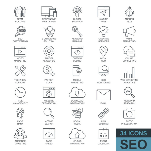Search Engine Optimization. Thin line, glyph, filled web icon collection. Simple vector illustration. - Vector, Image