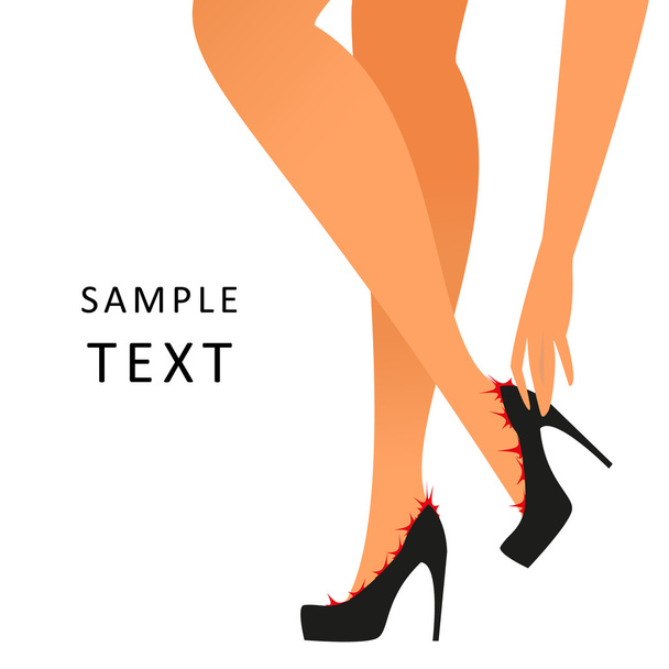 Woman feels a pain wearing shoes and trying to take off them - Vector, Imagen