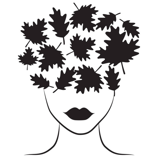  Mulher silhueta rosto com folhas arte ilustração - Vetor, Imagem