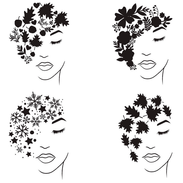 Set of woman silhouette face with floral art illustration - Vector, Image