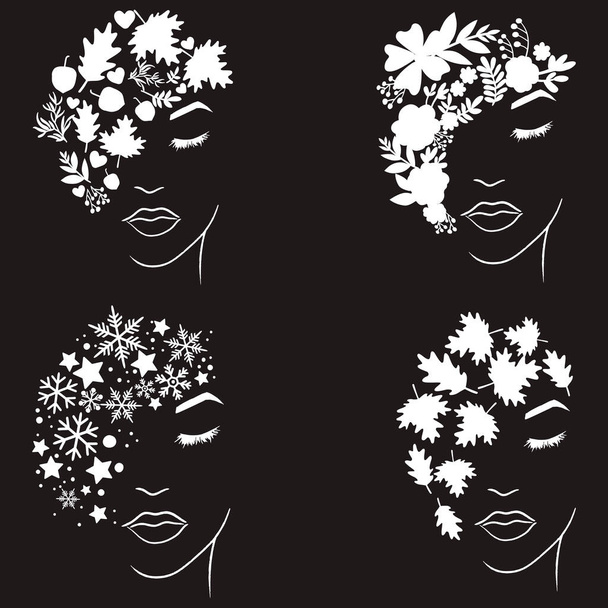 フラワーアートイラストと女性のシルエットの顔のセット - ベクター画像