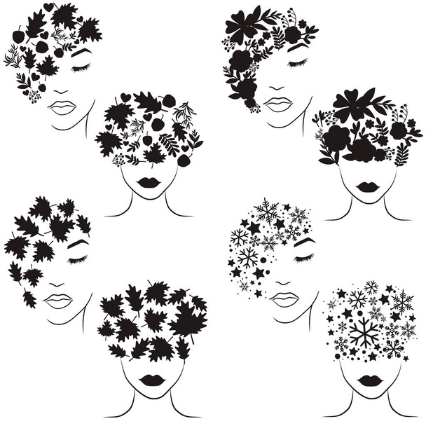 Set of woman silhouette face with floral art illustration - Vector, Image