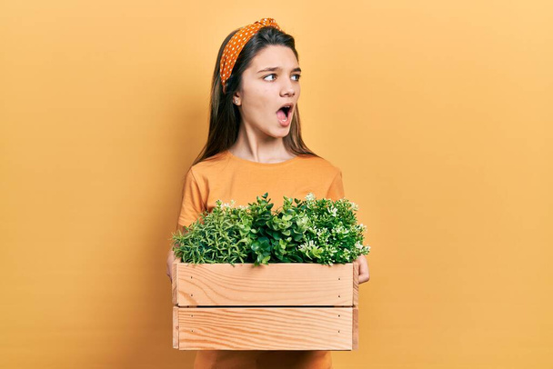 Young brunette girl holding wooden plant pot angry and mad screaming frustrated and furious, shouting with anger. rage and aggressive concept.  - Photo, Image