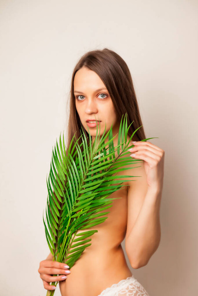 Portrait brunette naked young woman posing with palm leaf and perfect skin in studio, nude makeup over white background. Health care cosmetic procedures concept, beauty and health. Copy space - Fotografie, Obrázek