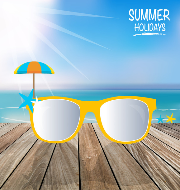 Summer holiday background. Sunglassess on wood terrace. Vector i - Vetor, Imagem