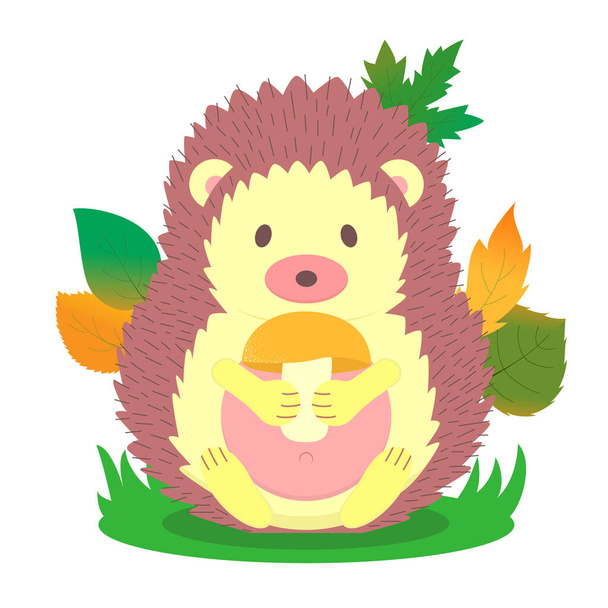 Cute hedgehog holding a mushroom on a green meadow. Wonderful forest character. Vector illustration in cartoon style. - Διάνυσμα, εικόνα