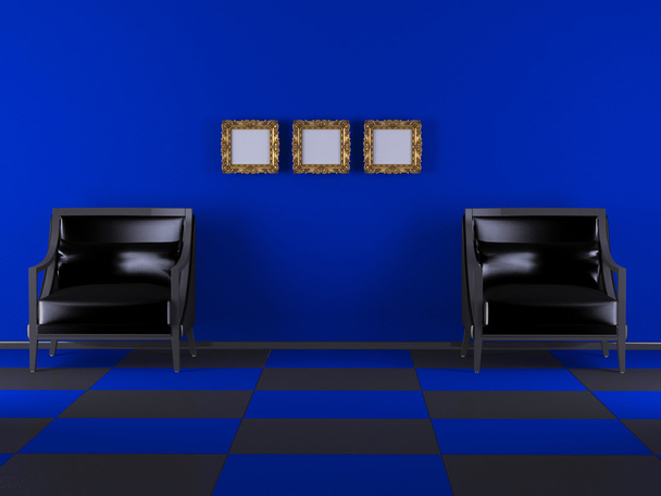 εσωτερική διακόσμηση του πολυτελές σαλόνι, δύο πολυθρόνες και τρία κλασικό πλαίσια στον τοίχο, καθιστώντας - Φωτογραφία, εικόνα