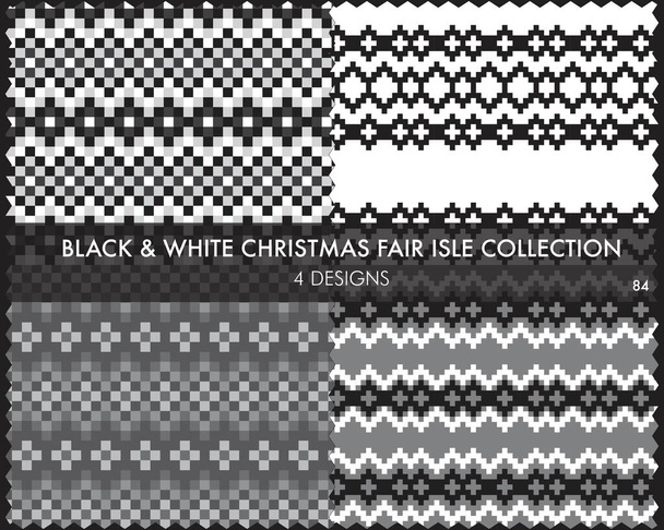 Black and White Christmas fair isle pattern collection includes 4 design swatches for fashion textiles, knitwear and graphics - Vector, Image