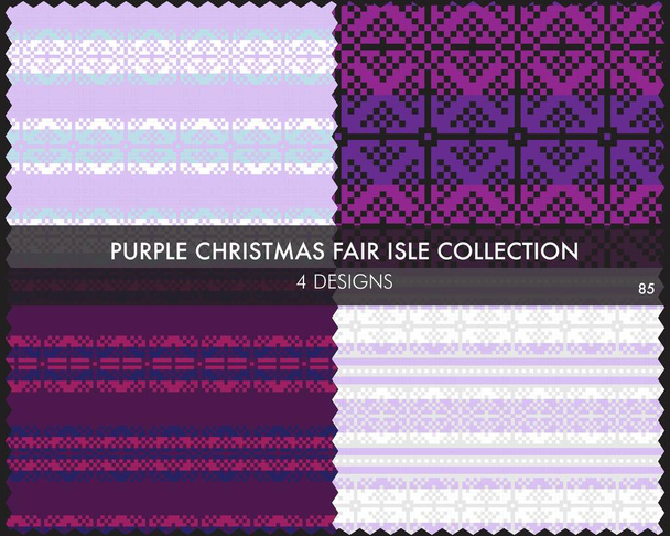 Purple Christmas fair isle pattern collection includes 4 design swatches for fashion textiles, knitwear and graphics - Vector, Image