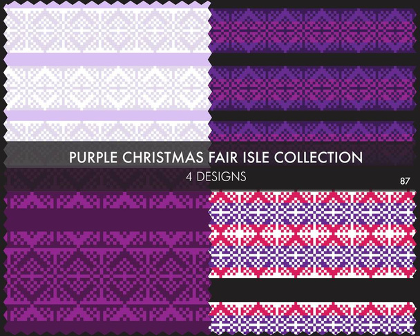 Purple Christmas fair isle pattern collection includes 4 design swatches for fashion textiles, knitwear and graphics - Vector, Image