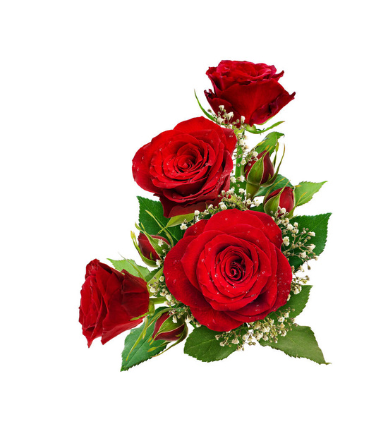 Corner arrangement with red roses and gypsophila flowers and buds isolated on white background. Flat lay. Top view. - Valokuva, kuva