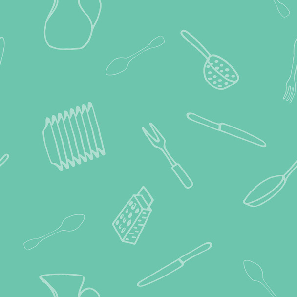 Seamless background. Set of kitchen accessories in doodle style, isolated - Vektör, Görsel