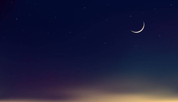 Ramadan Kareem κάρτα σχεδιασμό φόντο σε δραματική νύχτα με ημισέληνο φεγγάρι, αστέρι με μπλε, μωβ και πορτοκαλί ουρανό, διάνυσμα πανό των θρησκειών Σύμβολο του ισλαμικού ή μουσουλμανικού για Eid Mubarak, Eid al fitar  - Διάνυσμα, εικόνα