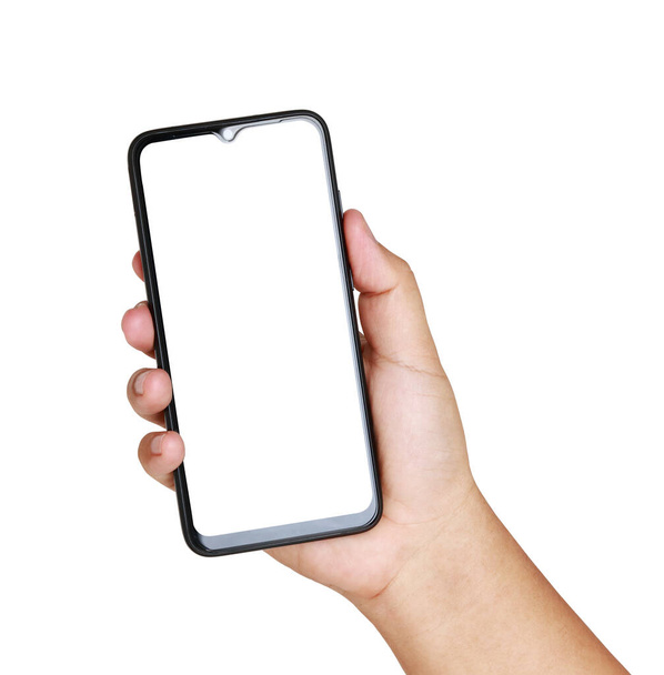 Smartphone concept. A man holding a black smartphone with a white screen. White background. Clipping Path - Photo, Image