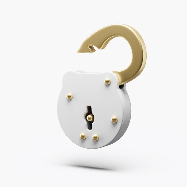 Padlock icon retro simple unlocked with gold parts 3d illustration on white background. minimal concept. 3d rendering. With soft shadows - Photo, Image