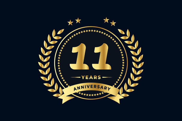 11th golden anniversary logo, with shiny ring and golden ribbon, laurel wreath isolated on navy blue background - Vector, Image