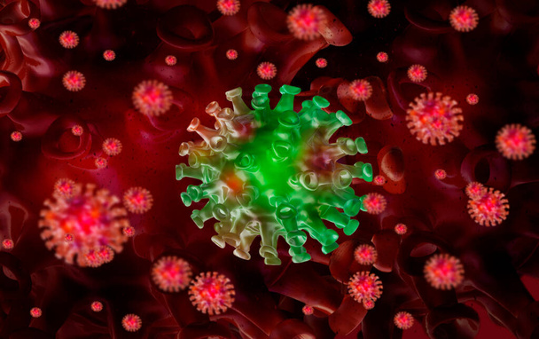 COVID-19, koronavirus, influenssavirus, bakteerisolutartunnan käsite mikroskoopilla. 3d renderöinti, Koronaviruksen kuvaus - Valokuva, kuva