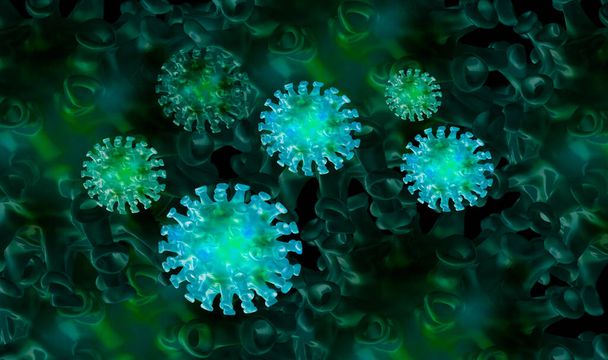 COVID-19, ιός Corona, ιός γρίπης, βακτηριακή κυτταρική λοίμωξη έννοια κάτω από μικροσκόπιο. 3D render, Εικονογράφηση του ιού του στέμματος - Φωτογραφία, εικόνα