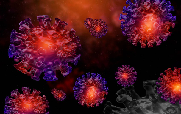 COVID-19, ιός Corona, ιός γρίπης, βακτηριακή κυτταρική λοίμωξη έννοια κάτω από μικροσκόπιο. 3D render, Εικονογράφηση του ιού του στέμματος - Φωτογραφία, εικόνα
